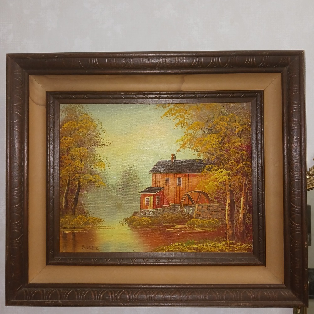 VTG Original signed Essex Oil Board framed Painting Barn Farm Mill Riverscape